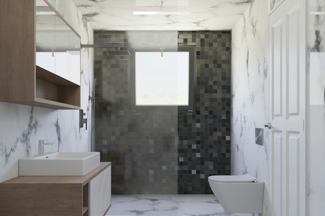 Modern bathroom with marble walls and a wood vanity
